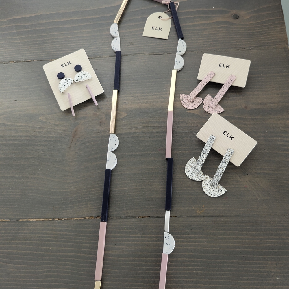 ELK Necklace and Earrings Set - Pink, Navy, and Gold